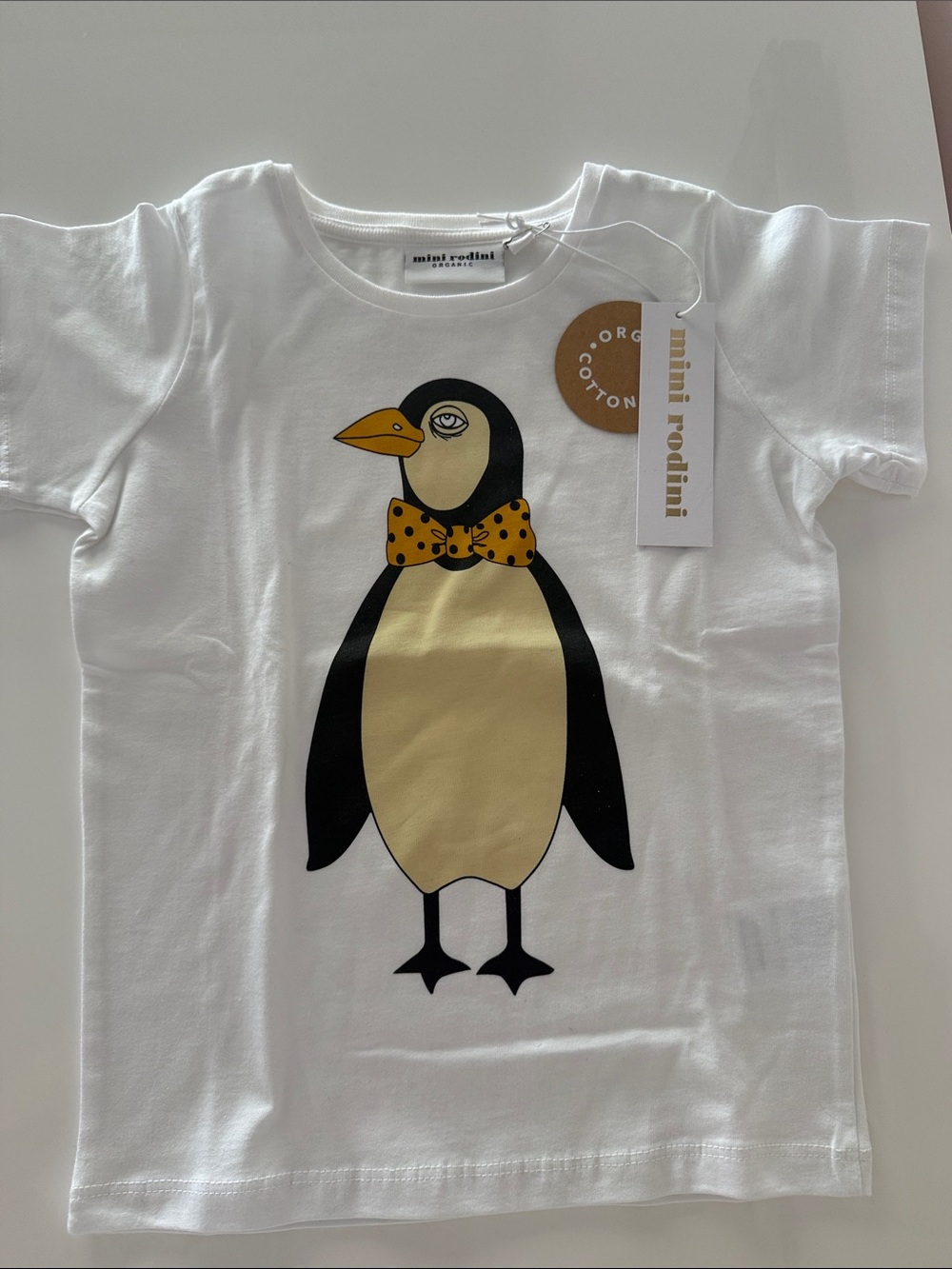 Mini Rodini White Organic Cotton Penguin Short Sleeve Tee Shirt 4-5 NWT